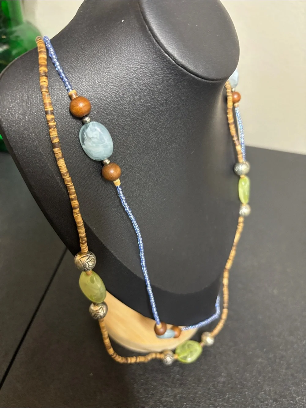 Handcrafted Boho Wood Muti Media Blue and Green Beaded Layered Necklace